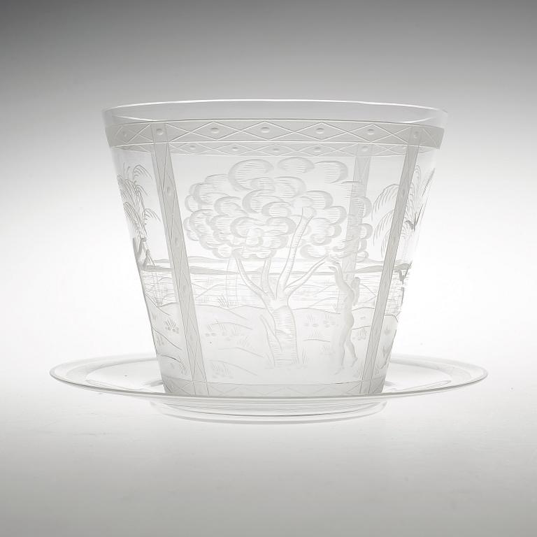 SKÅL med FAT, glas, Edward Hald, Orrefors, signerad och daterad 1925.