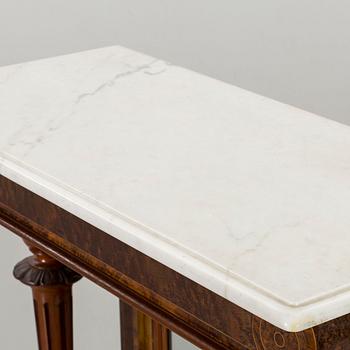 A walnut wall table with white marble top, late 19th or early 20th century.