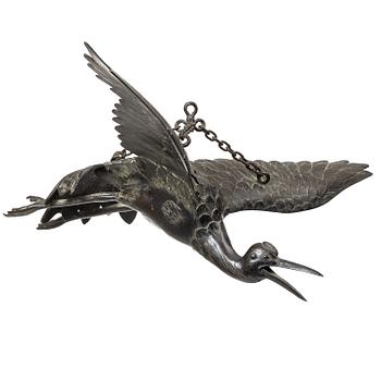 A large bronze hanging 'crane' censer, Japan, Meiji period (1868-1912).