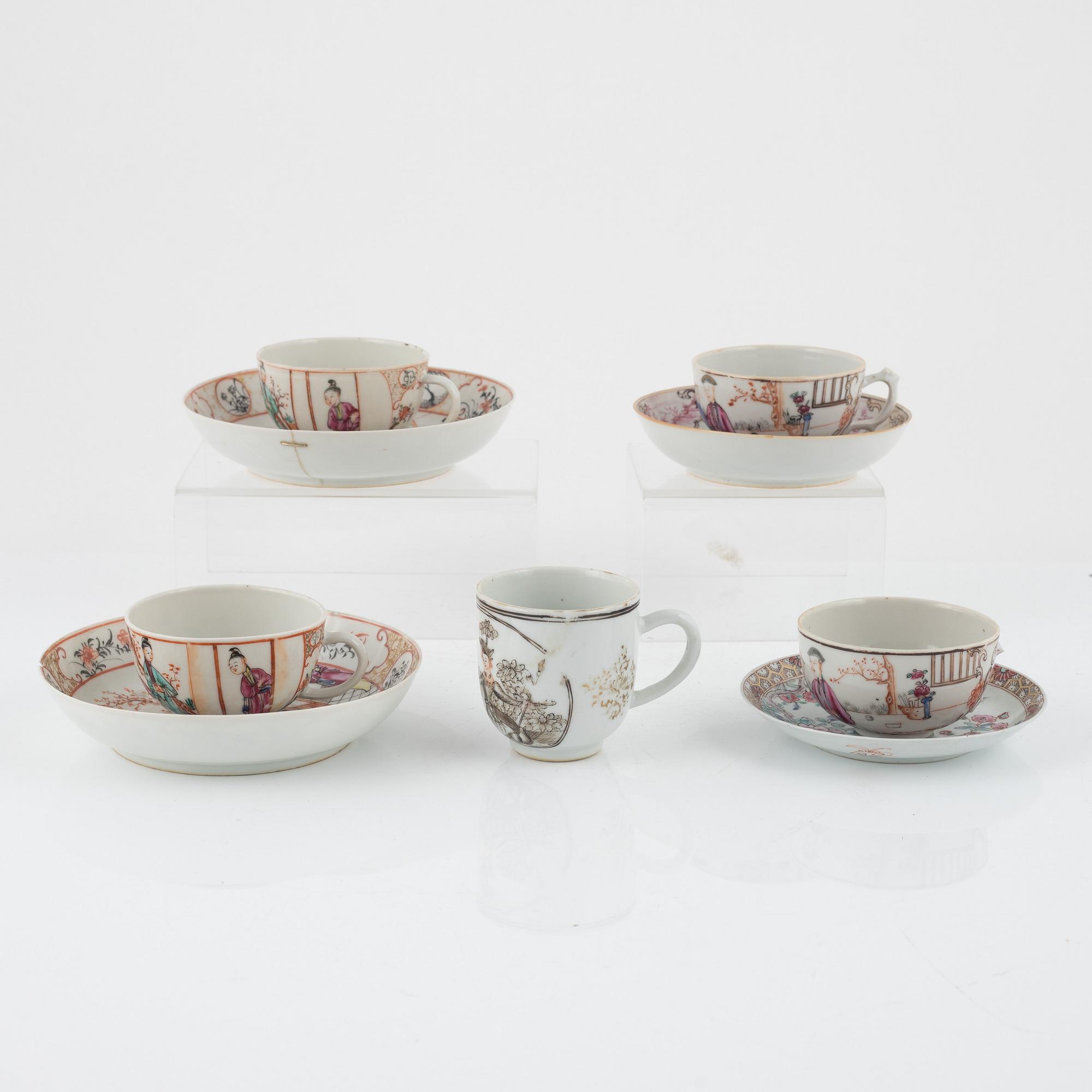 A set of five famille rose cups and four dishes, Qing dynasty, 18th Century.