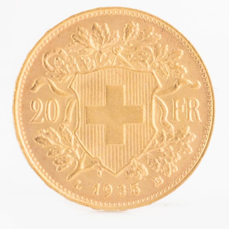 A Swiss gold coin, 20 Franc, 1935 LB.