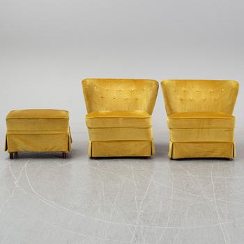 A pair Swedish Modern lounge chairs and a stool, 1940's/50's, the model has been marketed by Gösta Jonsson.