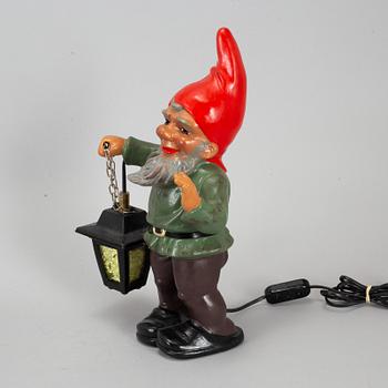 A Heissner ceramic gnome with lamp.