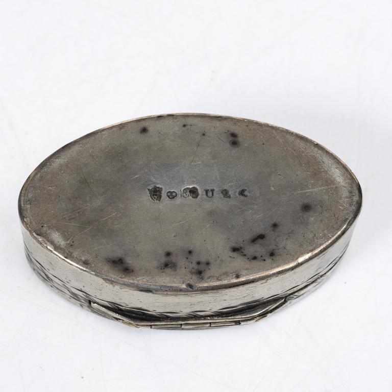 Five silver boxes, 19th century.
