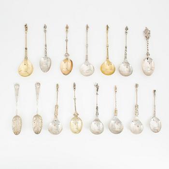 Fifteen silver spoons, Northern Europe, 19-20th century.