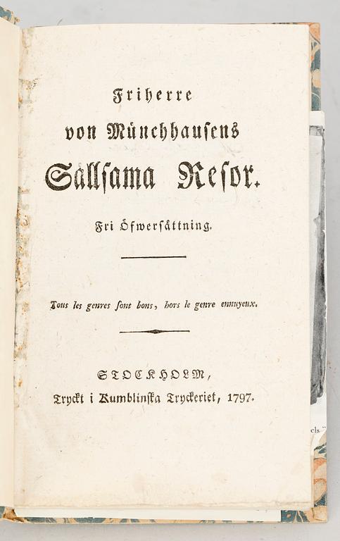 BOK, "Friherre von Münchhausens Sällsama resor" övers av Carlheim-Gyllensköld, Stockholm 1797.