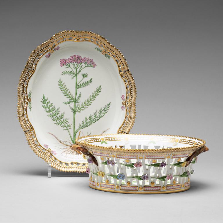 A Royal Copenhagen "Flora Danica" chesnut basket with stand, Denmark, 20th Century.