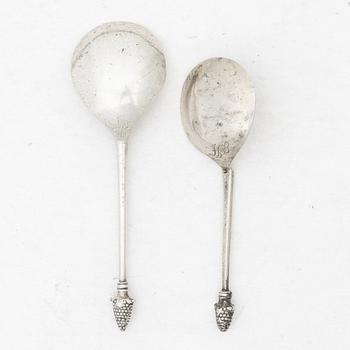 Two unmarked silver spoons, likely 18th century.