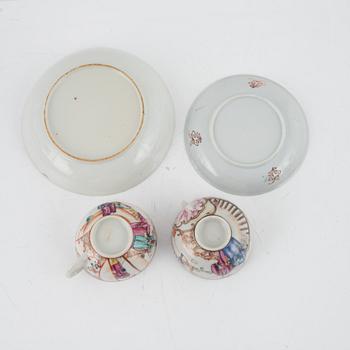 A set of five famille rose cups and four dishes, Qing dynasty, 18th Century.