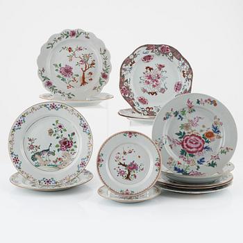 Twelve Famille Rose plates and two small plates, China, Qianlong (1736-95).