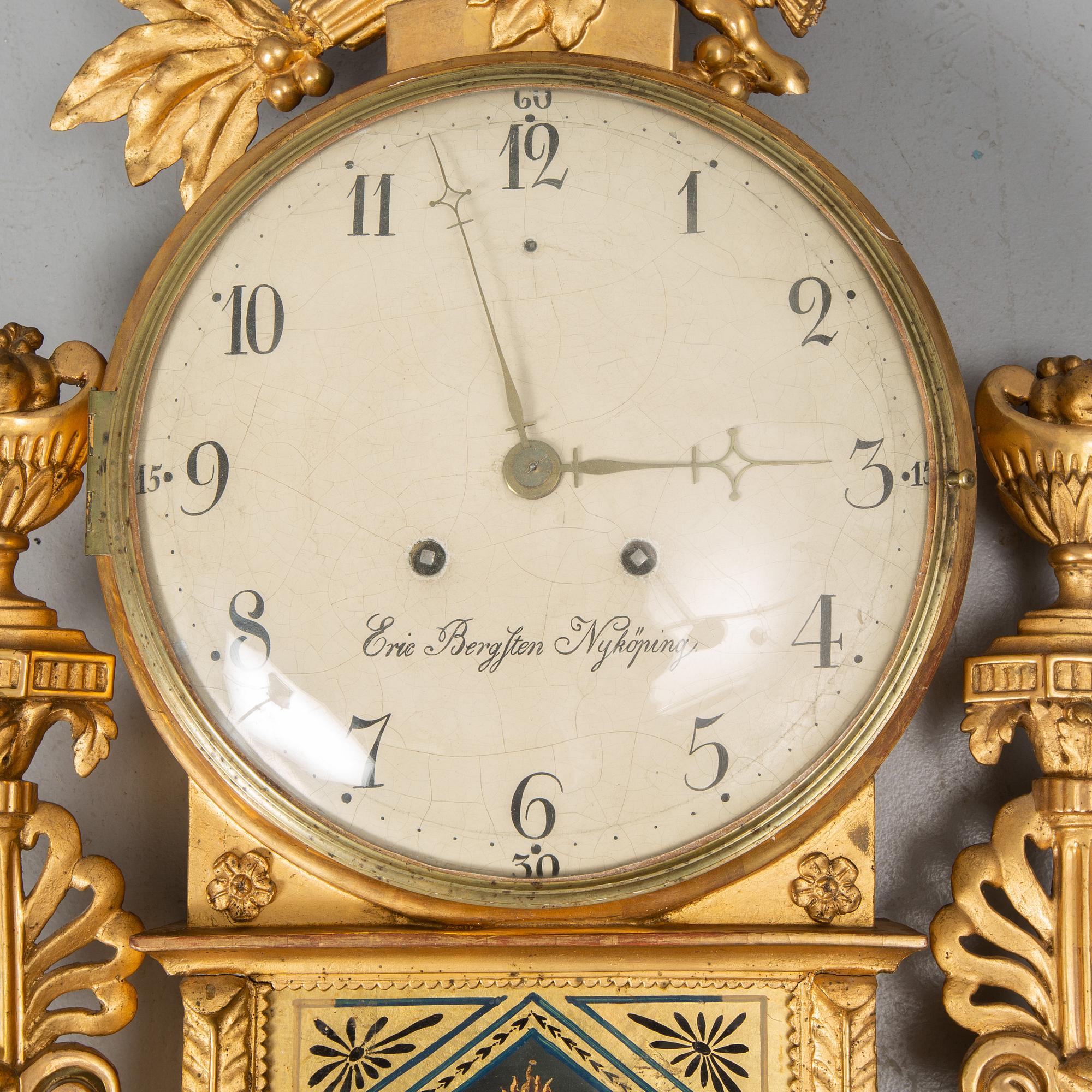 VÄGGPENDYL, av Eric Bergsten (urmakare i Nyköping 1801-1814), Sengustaviansk.