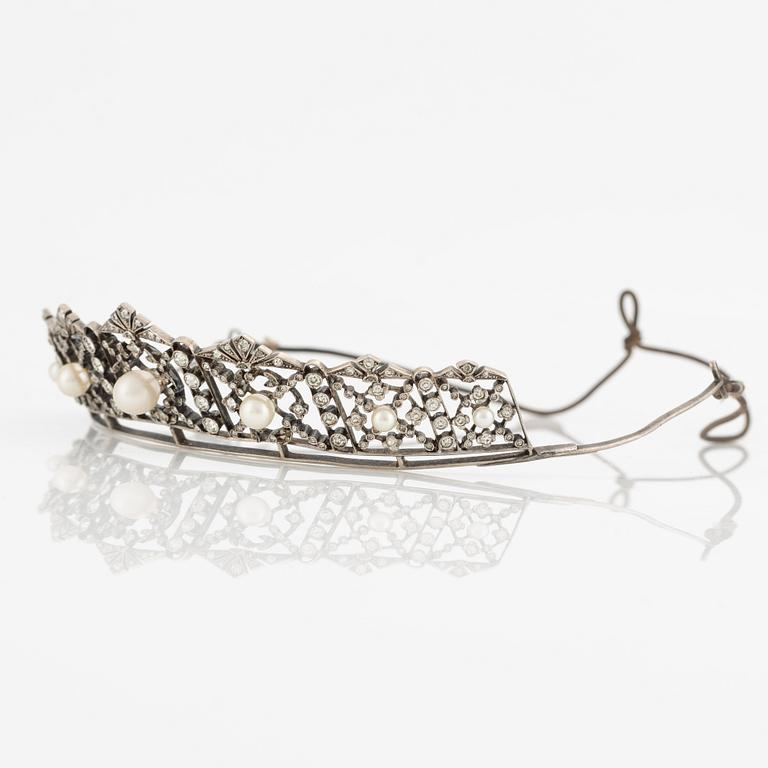 Diadem, silver, faceted paste and cultured pearls.