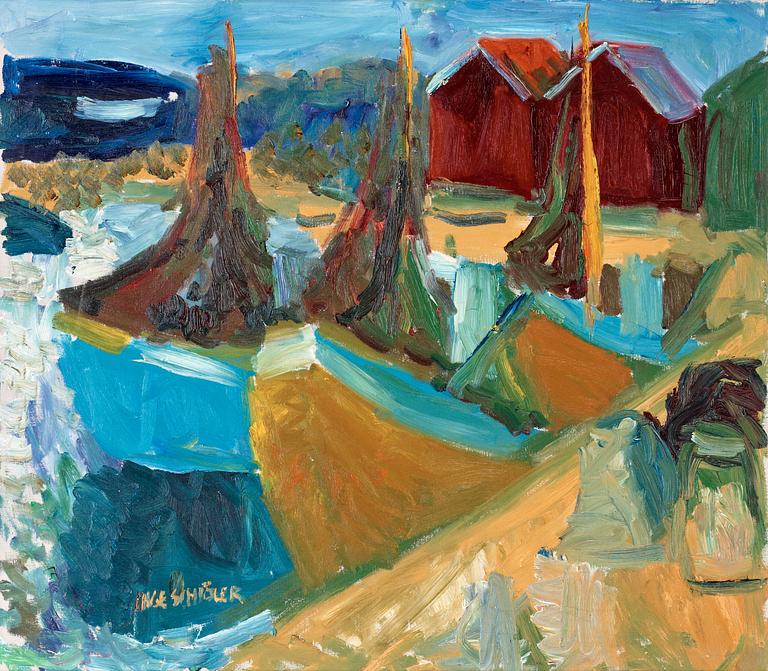 Inge Schiöler, "Fiskebåtar och sjöbodar, Ramsö" (Fishing boats, Ramsö, Sweden).