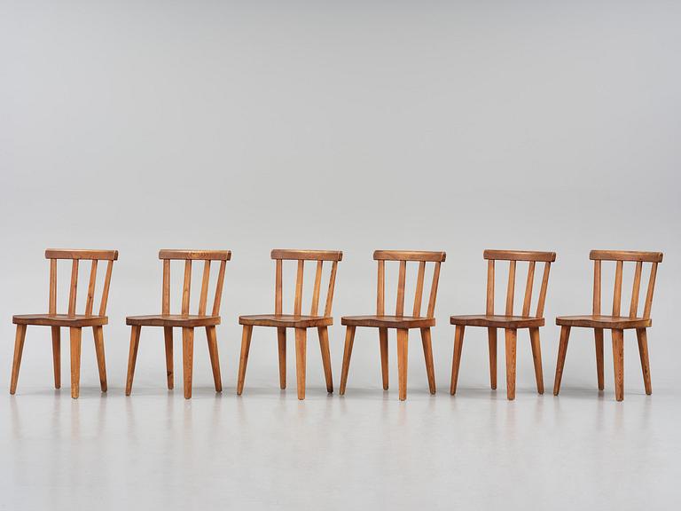Axel Einar Hjorth, a set of six stained pine "Utö" chairs, Nordiska Kompaniet, Sweden, 1930s.