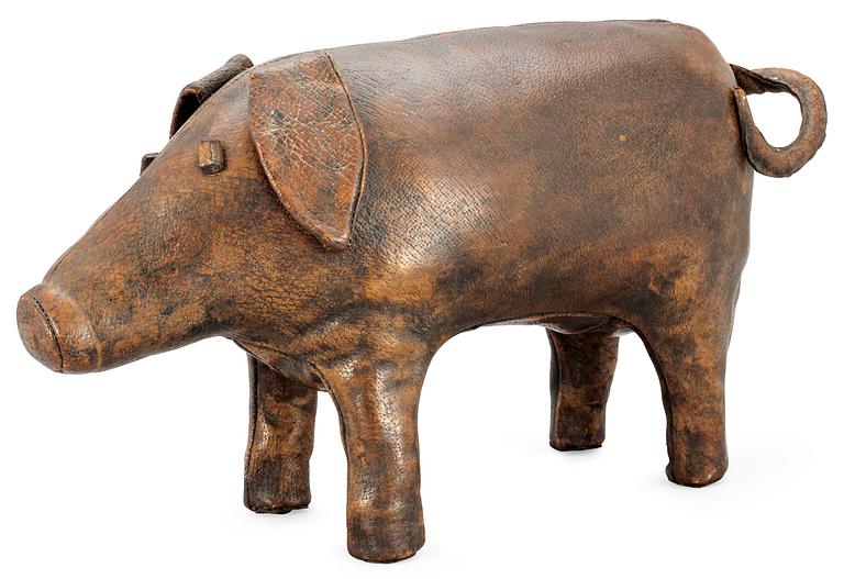 A brown leather figure of a pig, Svenskt Tenn, circa 1960.