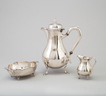 A three-piece silver coffee service from Borel & Co, Germany, mid 20th Century.