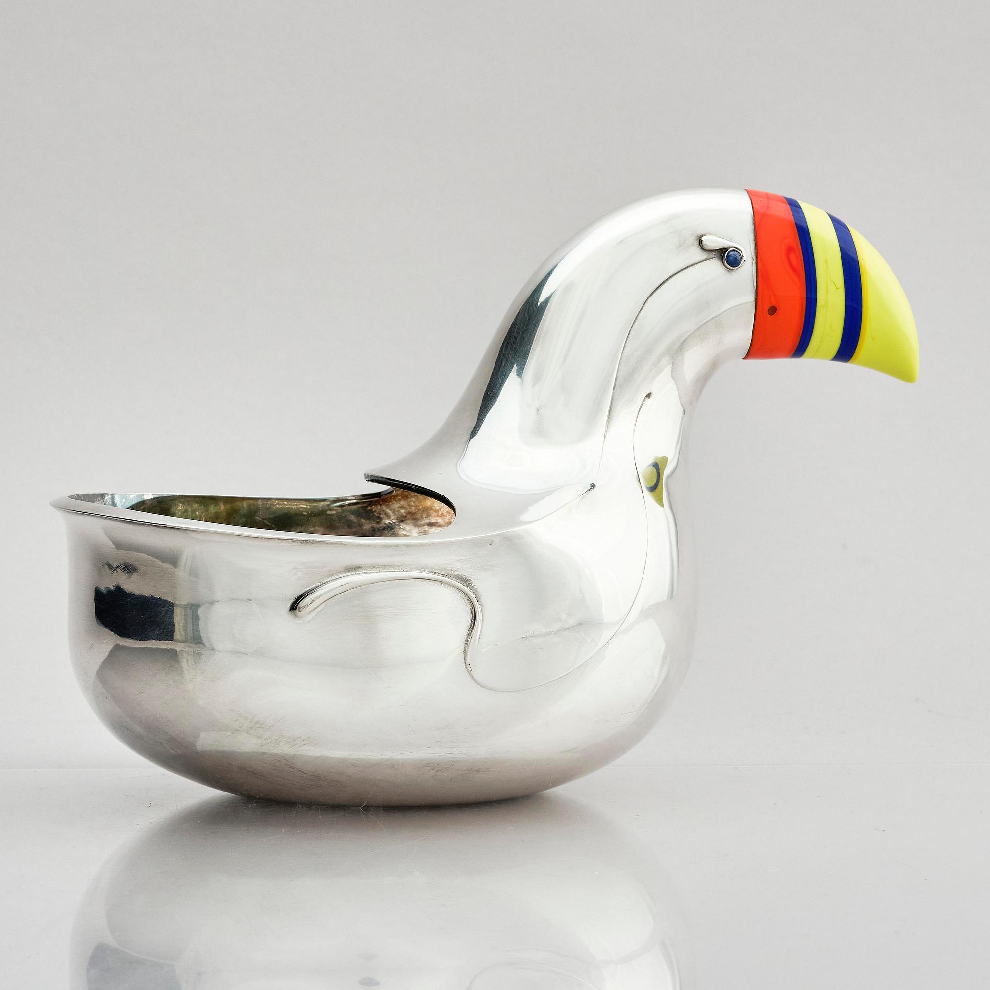 Gunnar Cyrén, "Stornäbb" (large beak), a unique sterling silver bowl with sapphires and glass, Gävle, Sweden 1977.