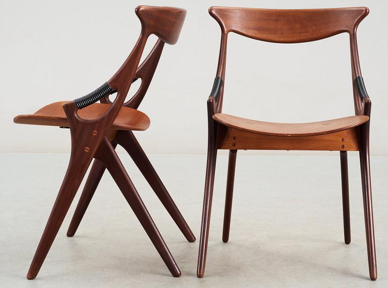 A set of four Arne Hovmand-Olsen teak and mahogany chairs, Mogens Kold, A/S Kerteminde, Denmark 1950's.