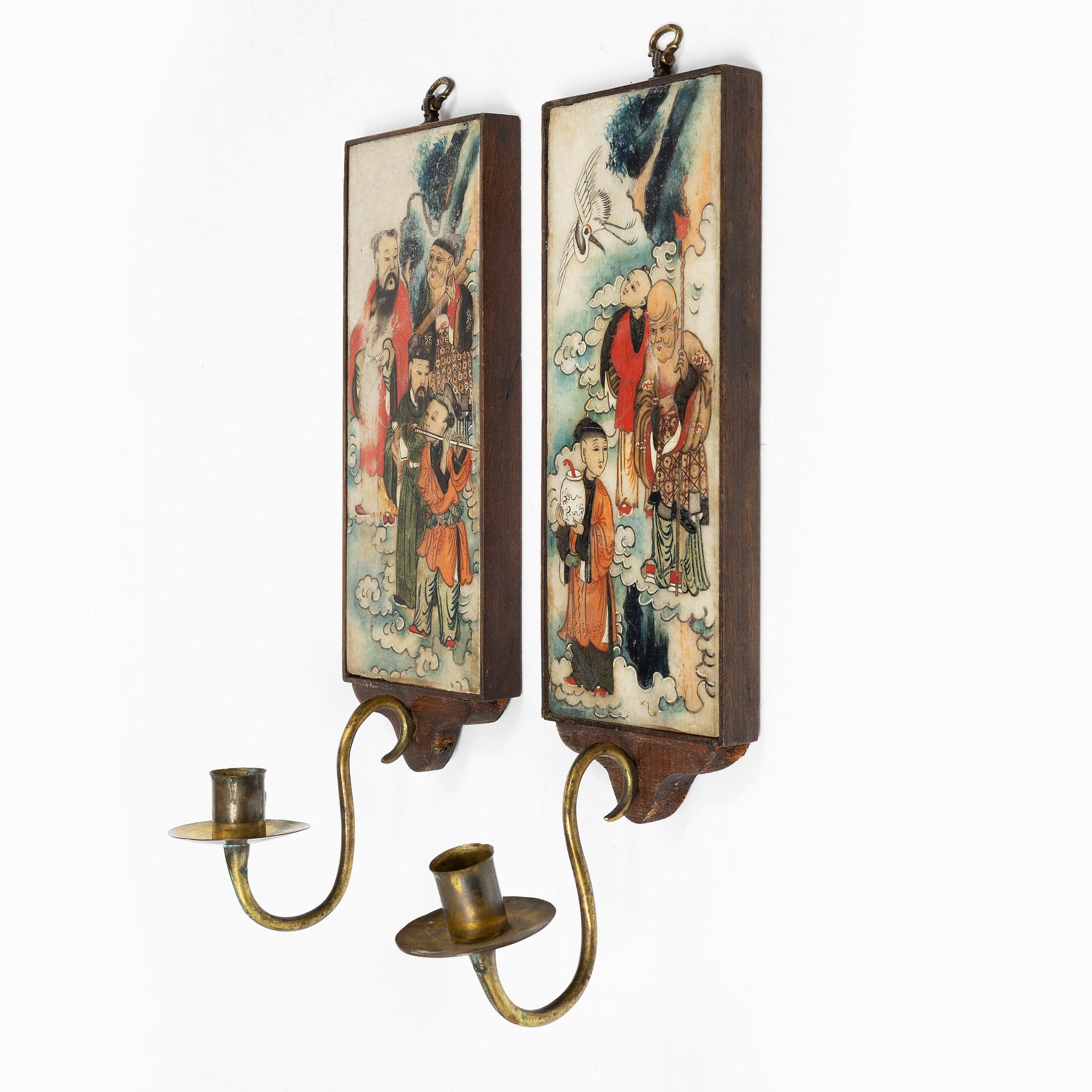 A pair of paintings on stone made in to wall scones and a stemcup, Qing dynasty, 19th century.