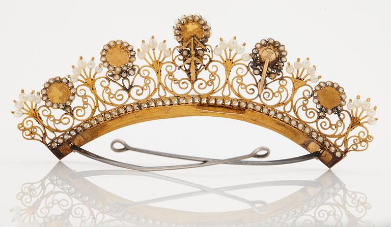 A natural fresh water pearl and natural pearl tiara by Carl Gustaf Florell, Stockholm, 1820.