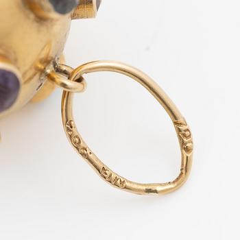 Pendant, "sputnik", 18K gold with coloured stones.