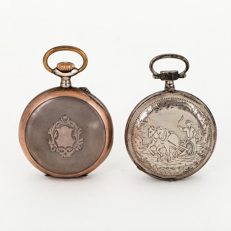 TWO POCKET WATCHES WITH STANDS.