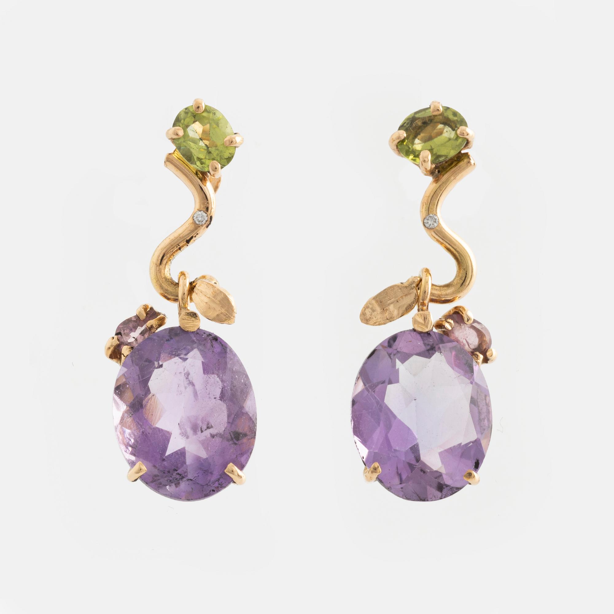Earrings with oval amethysts, peridot, tourmaline, and small diamonds.