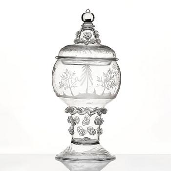 A lidded and engraved roemer from Kungsholms glasbruk, first part of the 18th century.