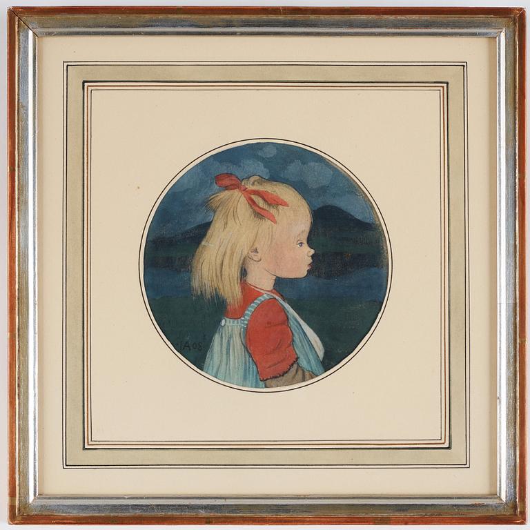 Ivar Arosenius, "Lillan" / "Lillan med rött hårband i profil" (Portrait of the artist's daughter with a red ribbon in her hair).