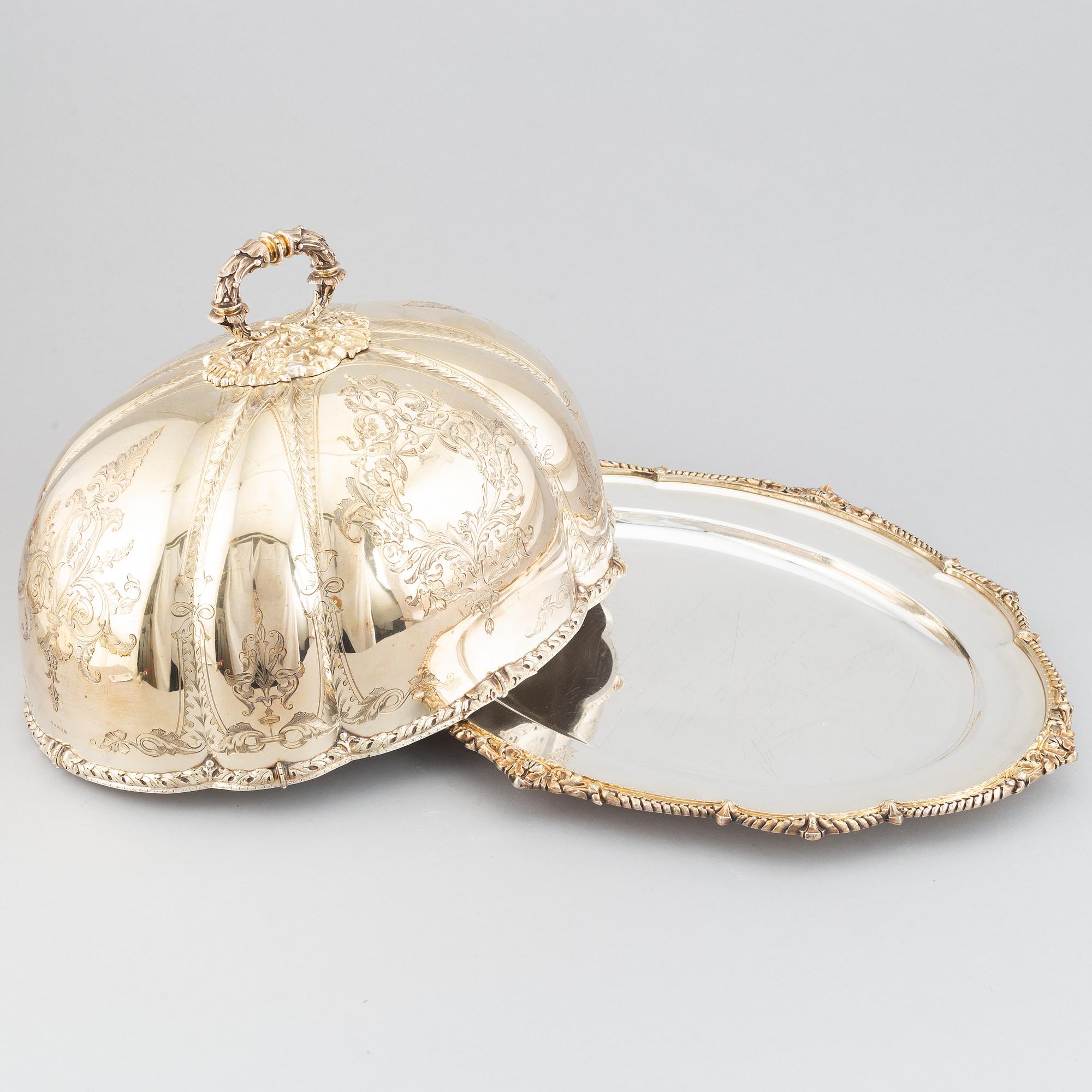 A silver plated cover by Martin, Hall & Co, Sheffield, and dish.