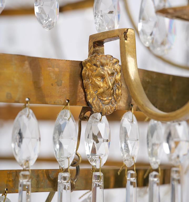 A late Gustavian gilt brass and cut glass seven-light chandelier, Stockholm, late 18th century.