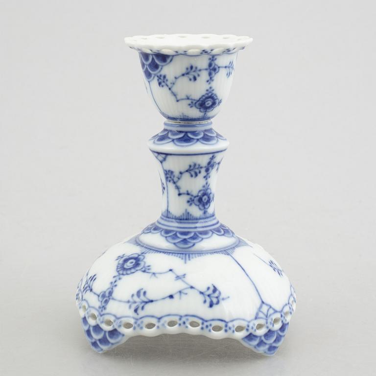 A group of two vases, two bowls and a candlestick, "Blue fluted full lace"/"Musselmalet", Royal Copenhagen.