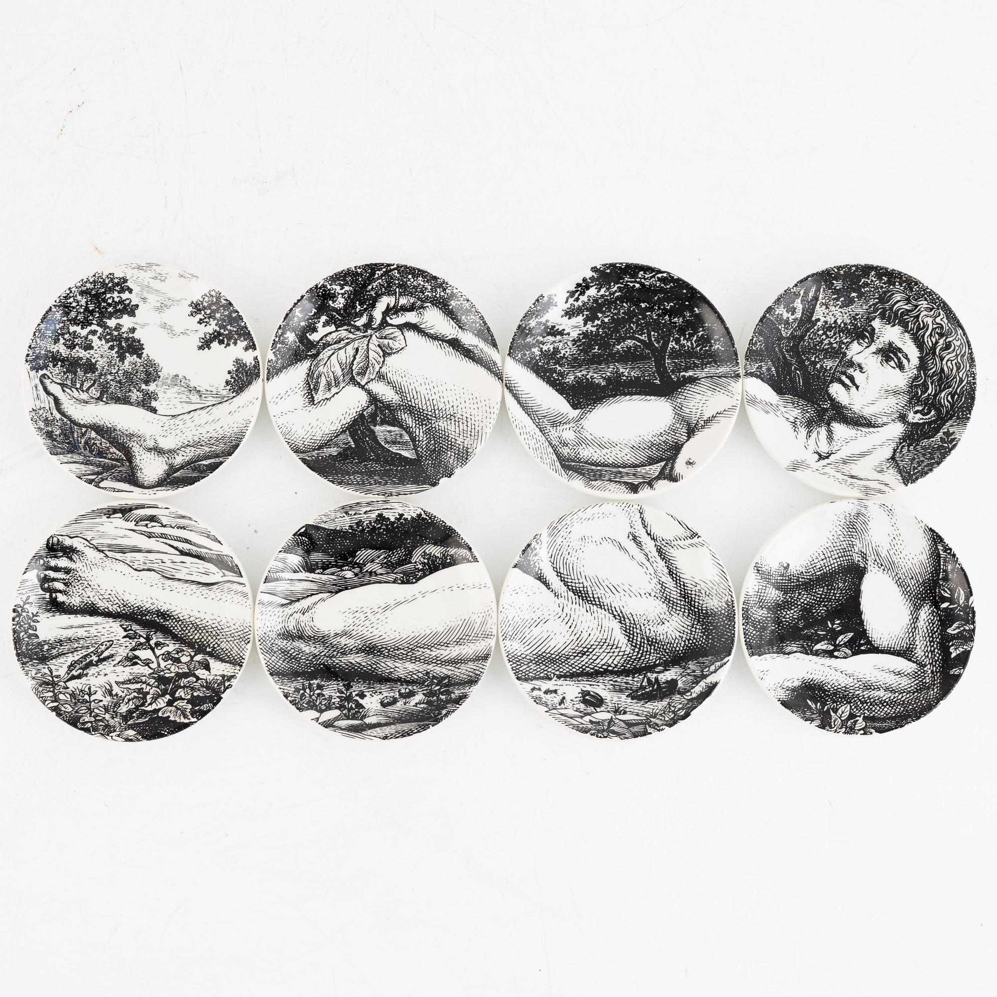 Piero Fornasetti, glasunderlägg, 8 st, "Adamo ed Eva",flintgods, Milano, Italien, 1965.