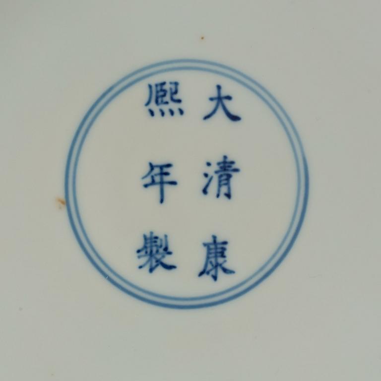 A large green enamelled blue and white dragon dish, probably late Qing dynasty with Kangxi's six character mark.
