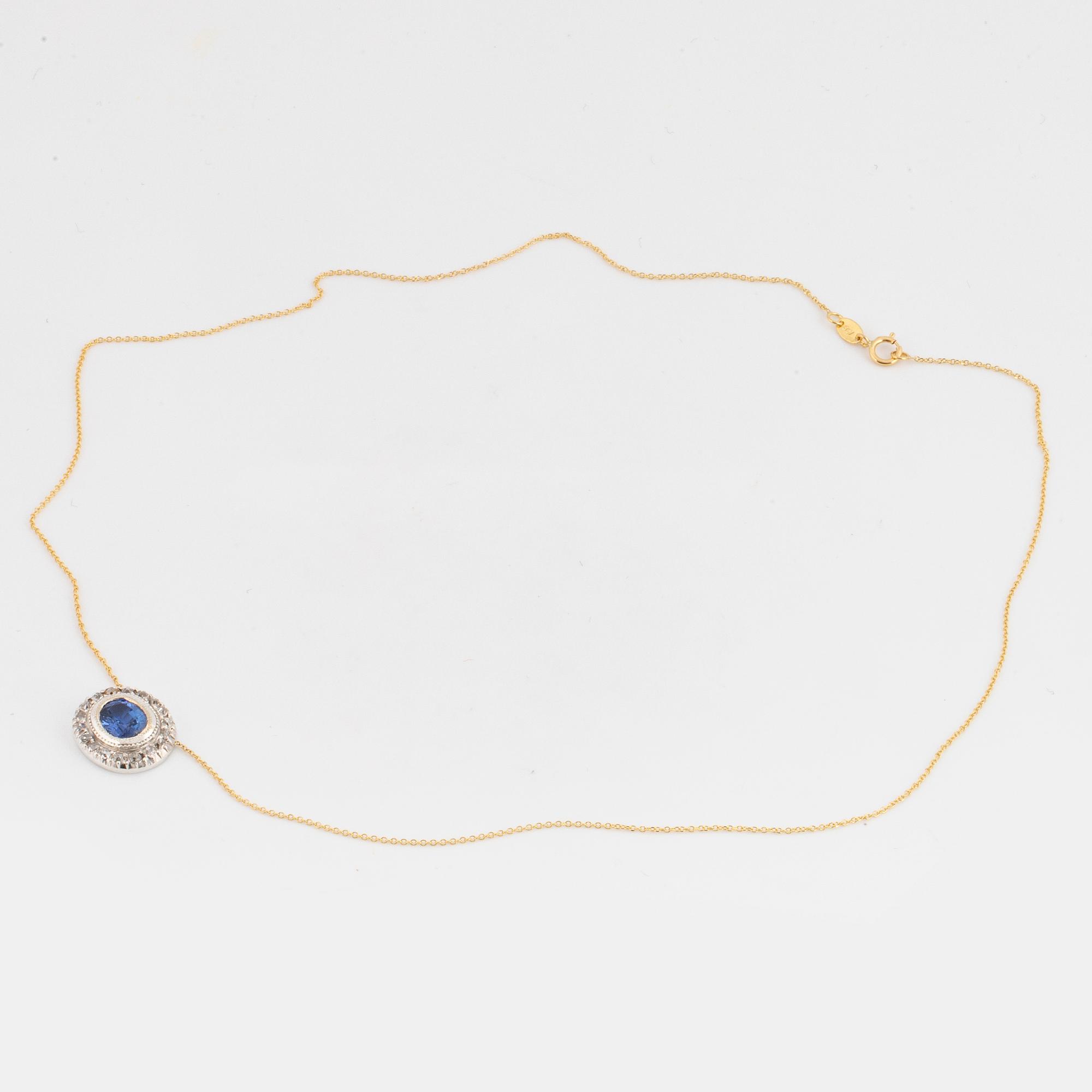 Sapphire and old-cut diamond cluster necklace, 18K gold.