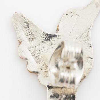 Earrings, Mandelstam, in the form of a hummingbird, silver and 18K gold, enamel and pink opals.