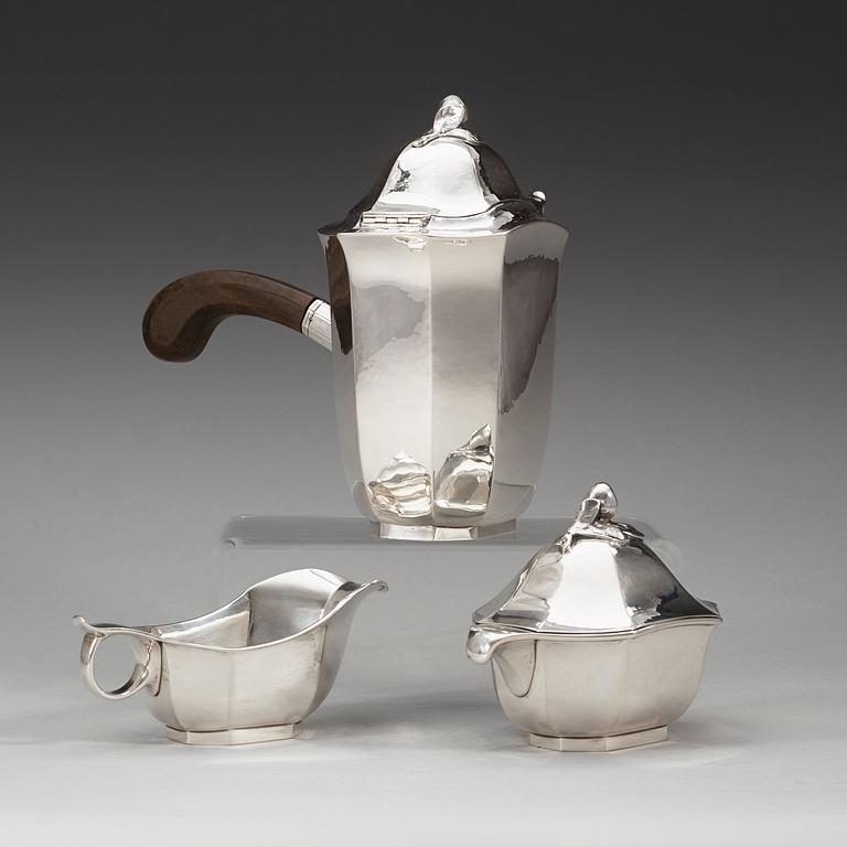 A Jacob Ängman three pcs of silver coffee service, Guldsmedsaktiebolaget, 1929 and 1934.