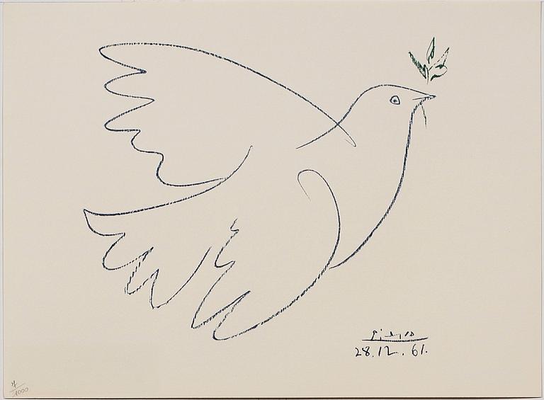 PABLO PICASSO, efter, litografier, 7 st, sign i trycket, numr 7/1000. Mappen dat 1974 och märkt 25 anniversaire du mouvement de la Paix.