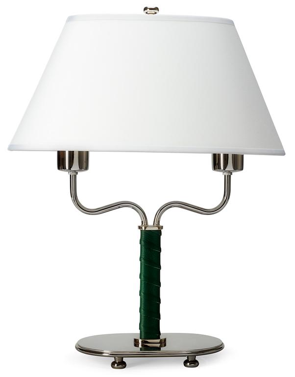 A Josef Frank white metal and green leather table lamp, Svenskt Tenn, model 2388.
