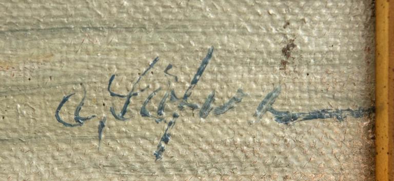 Okänd konstnär 1800/1900-tal,  Solnedgång över hamn.