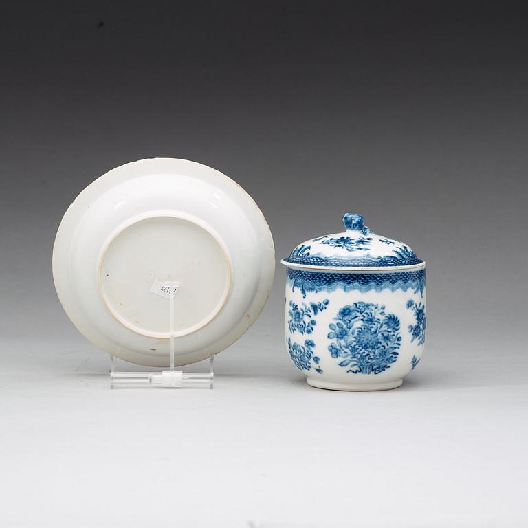 A set of eight blue and white cups with saucers and suger bowl with cover and stand, Qing dynasty, Qianlong (1736-95).