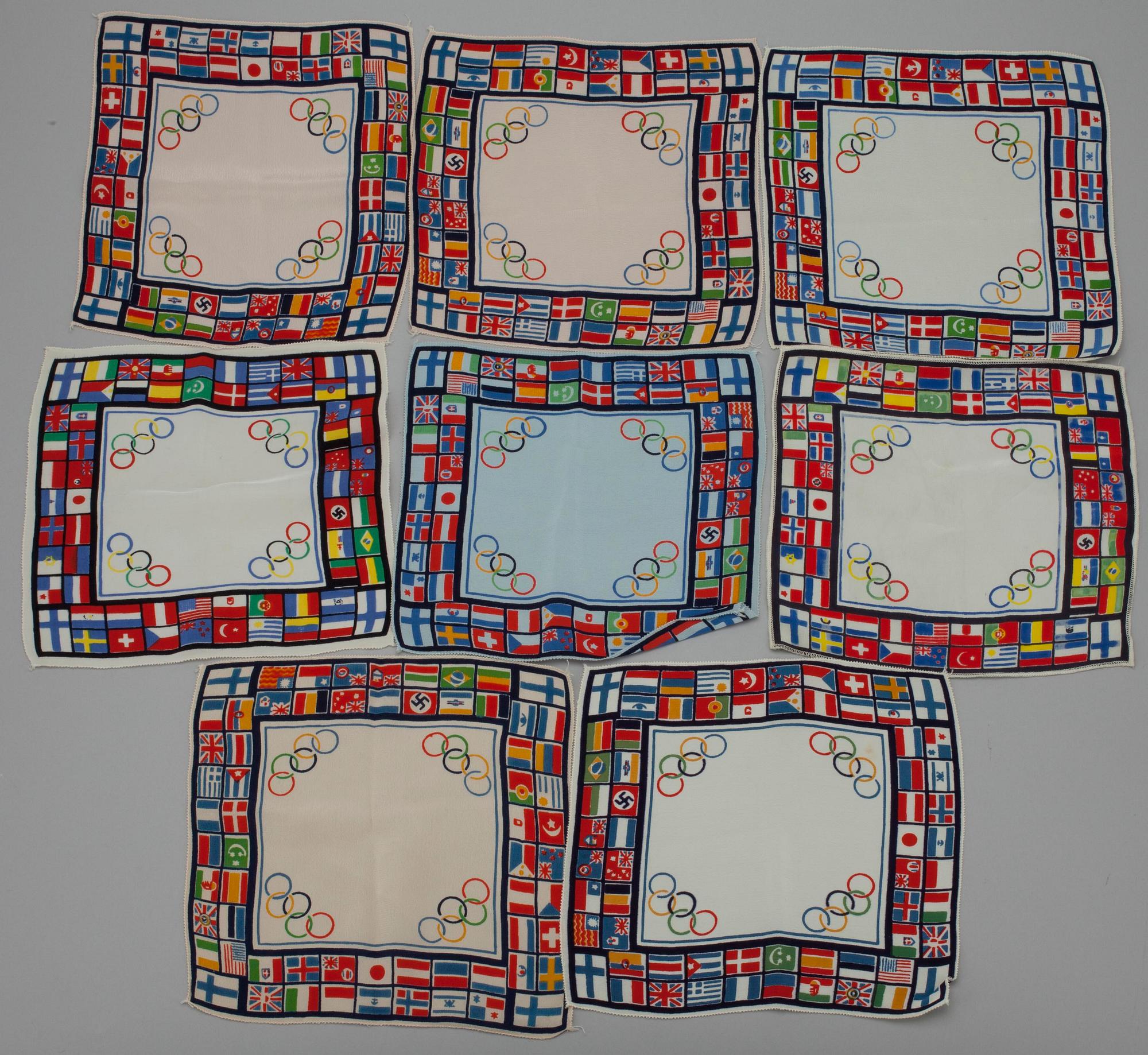 SCARF, bomull, Sommar-OS i Helsingfors 1952 och DUKAR, 8 st, silke, inför OS 1940, Helsingfors.