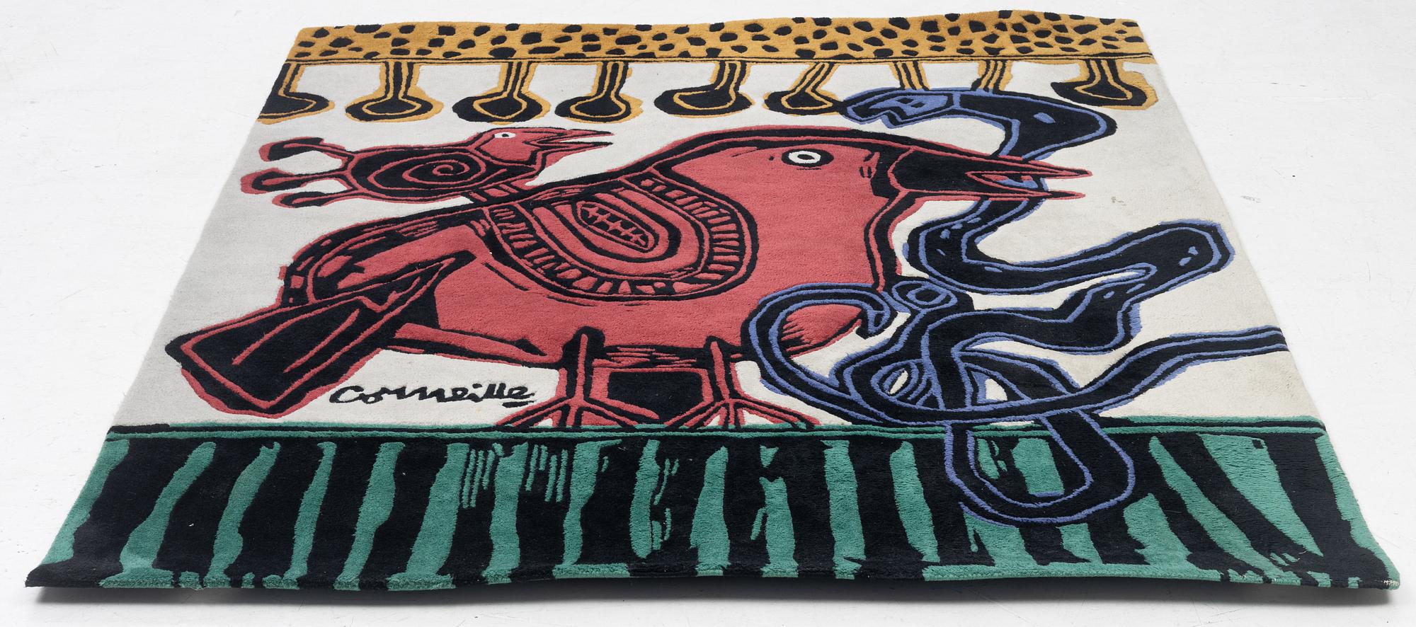 Beverloo Corneille, 'L'oiseau chasseur de serpent', after. A handtufted carpet, c. 247 x 199 cm.