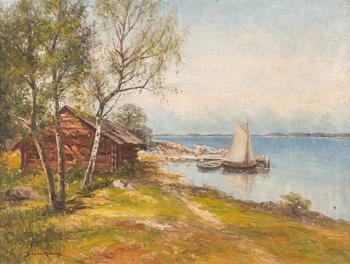 Severin Nilson, Insjölandskap med segelbåt vid brygga.