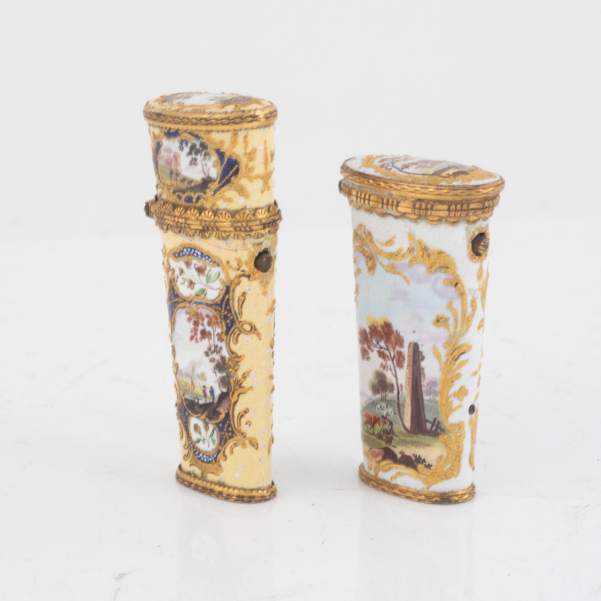 Etuier, två stycken, England, troligen South Staffordshire, 1700-talets senare del, George III.