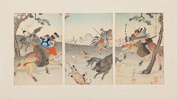 Toyohara Chikanobu, "The Front of Chiyoda Palace - Chiyoda no On-omote - Hunting at Kokinbara".
