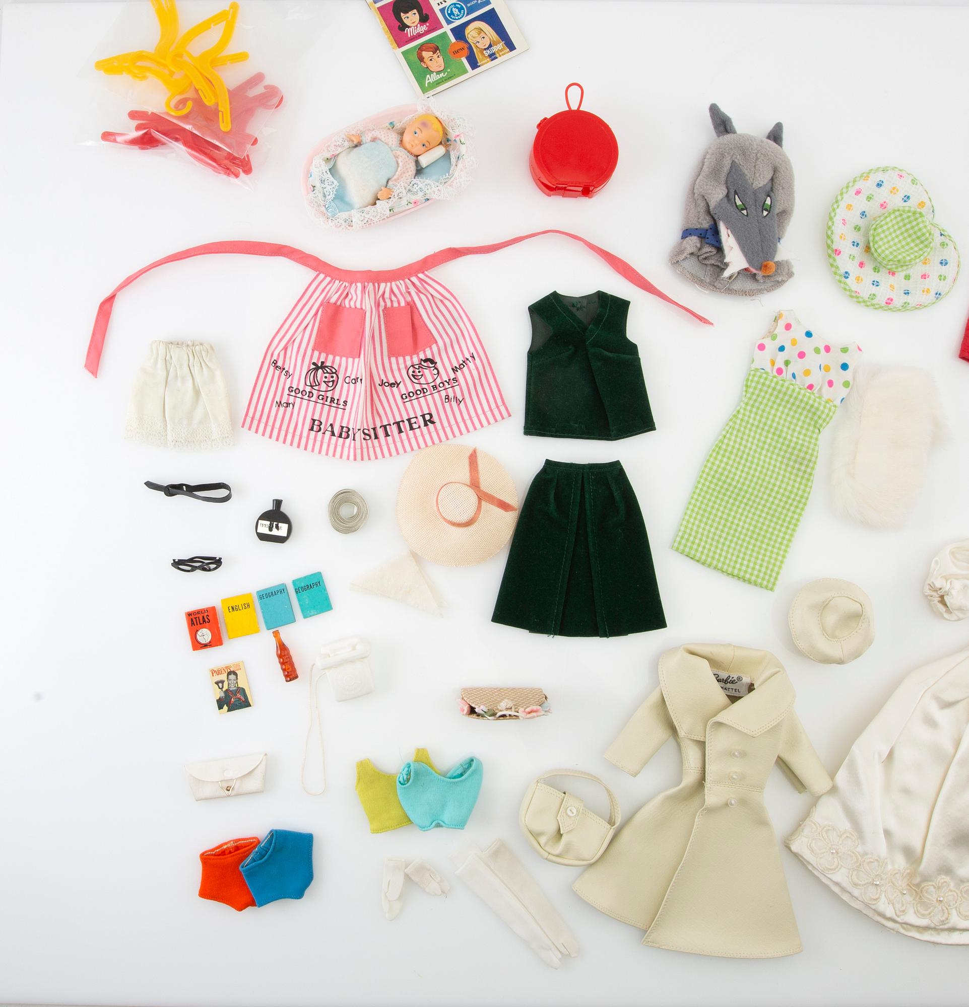 Barbie wardrobe along with clothes and accessories, 1960s, including "Barbie babysits" 1963.
