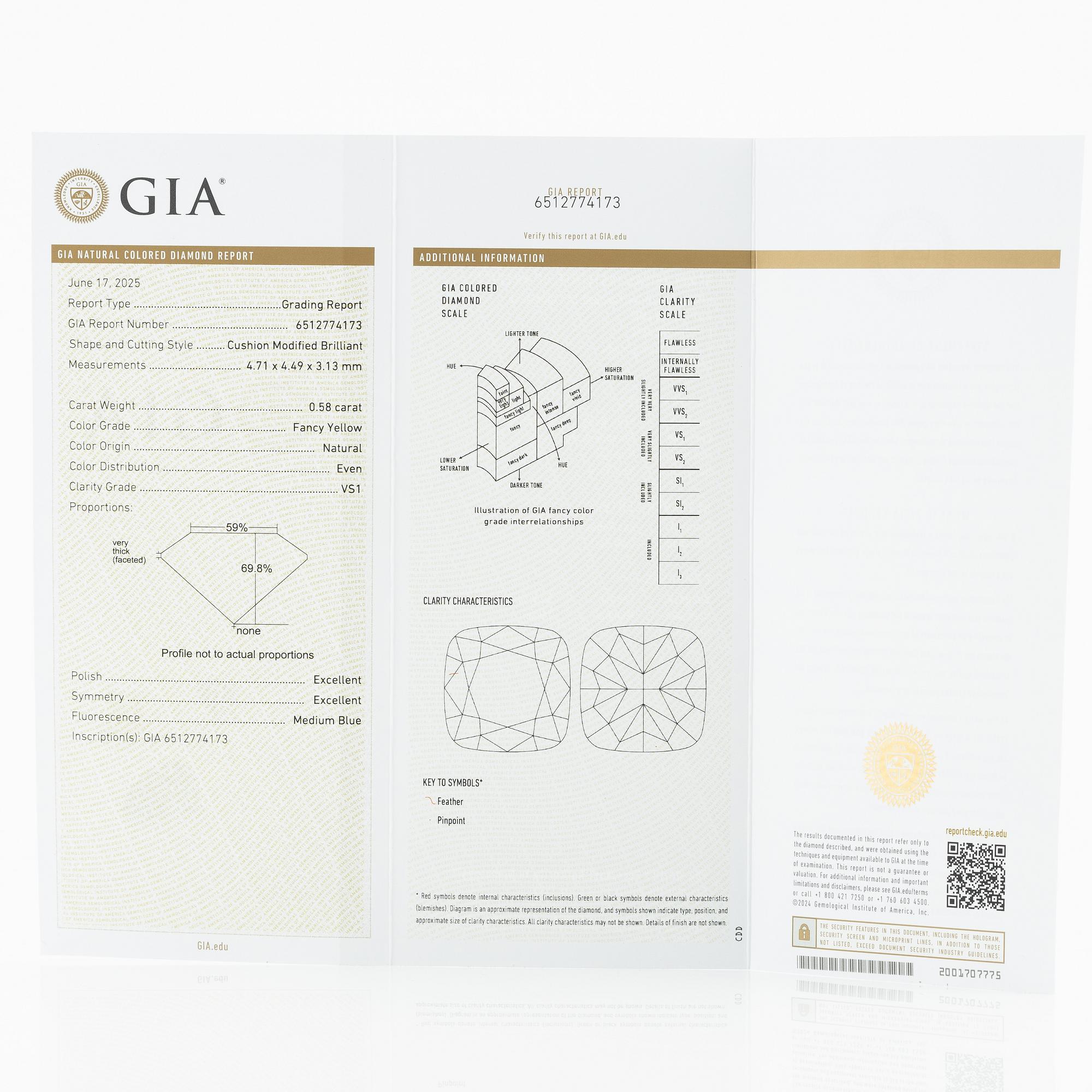 Cushionformad gul diamant, 0.58 ct, medföljande GIA report.