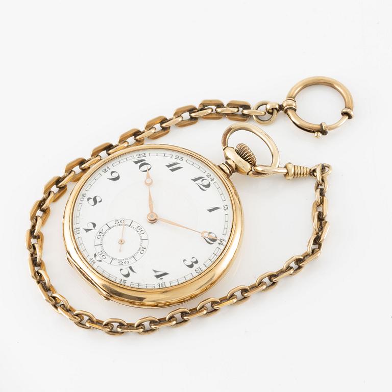 Pocket watch, 14K gold "Boliden guld Import", chain in double gold, 51 mm.