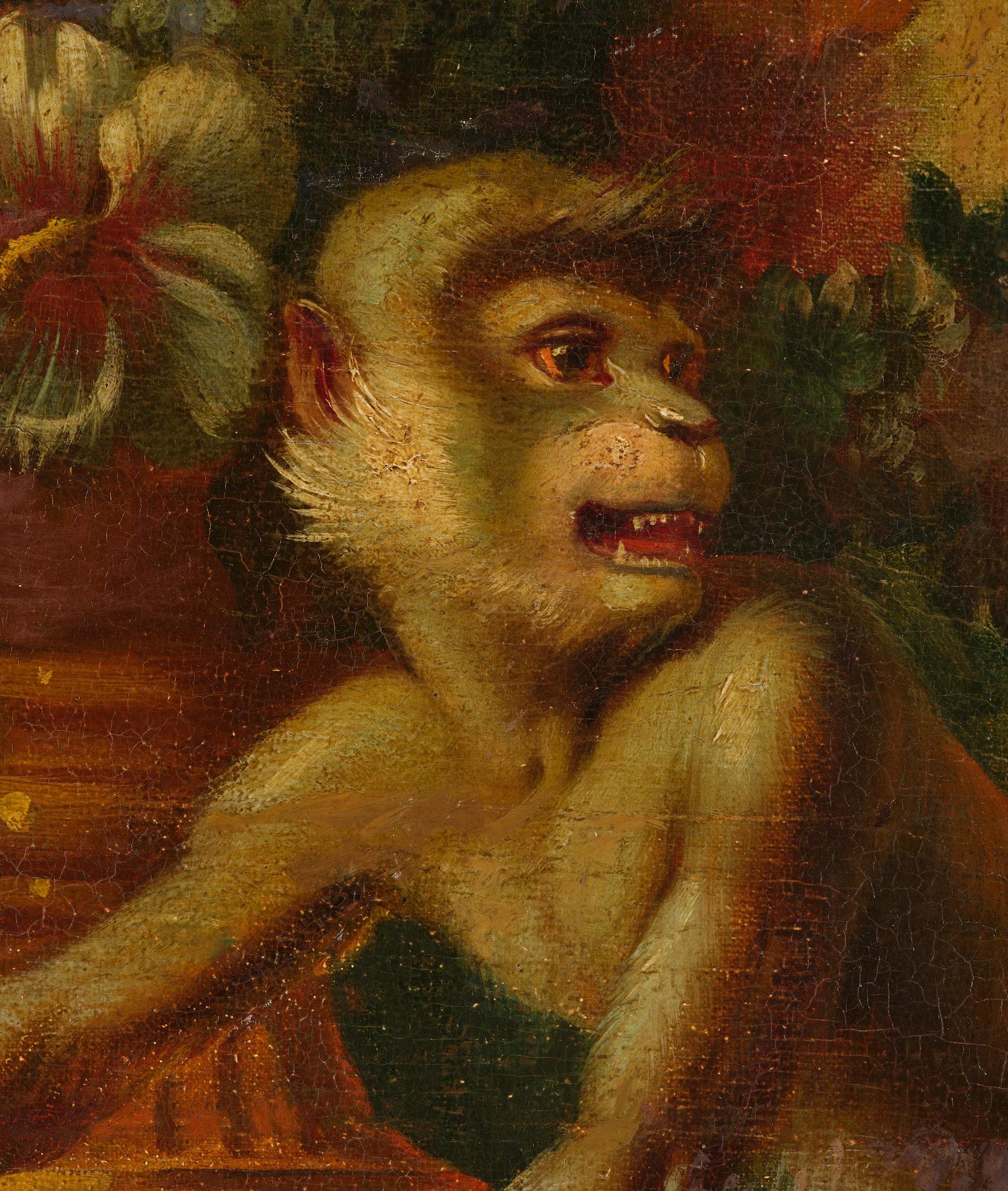 Pieter Casteels III, follower of, Wall panels, a pair, Flower urns with a parrot and a monkey respectively.